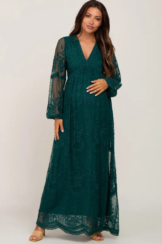 Wrap - Style Women Dress with Adjustable Fit for All Body TypesPinkBlush Forest Green Lace Mesh Overlay Long Sleeve Maternity Maxi Dress