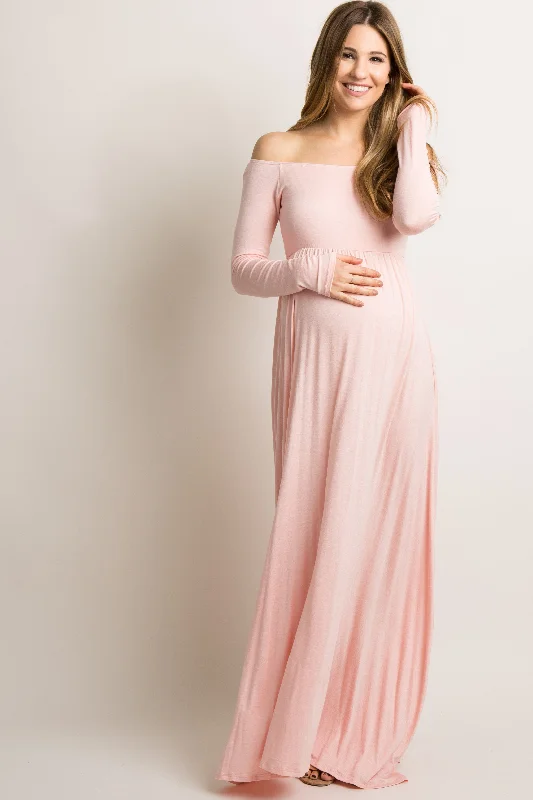 Mermaid - Style Women Dress with a Fitted Silhouette for Special OccasionsPinkBlush Pink Solid Off Shoulder Maternity Maxi Dress