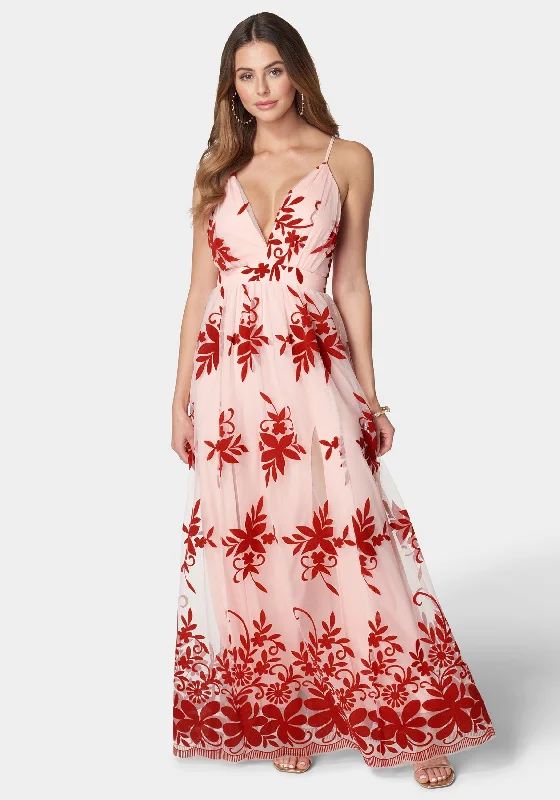 Lace - Embellished Women Dress for an Elegant and Sophisticated AppearancePlunge Neck Embroidered Maxi Dress