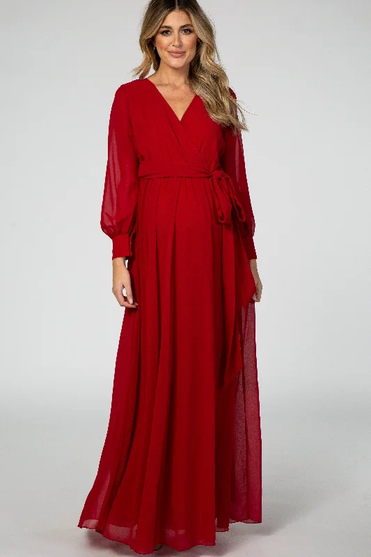 Ball Gown Women Dress with a Full Skirt for a Princess - like LookRed Chiffon Long Sleeve Pleated Maternity Maxi Dress