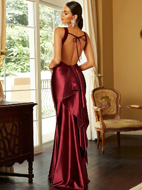 Shift Women Dress with a Simple and Classic Design for Everyday WearRed Open Back Sleeveless Maxi Satin Dress XH2234