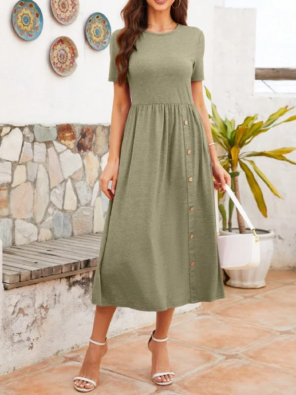 Halter Neck Women Dress to Show Off the Shoulders and NecklineRound Neck Short Sleeve Midi Dress