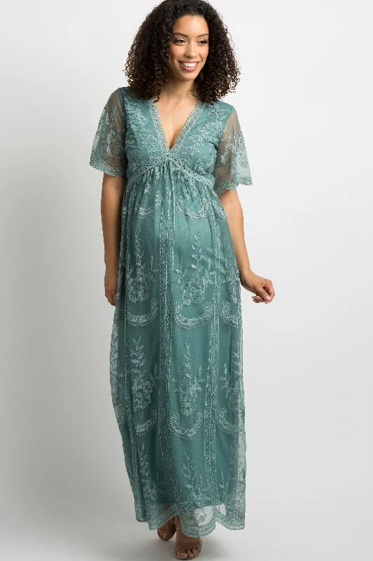 Off - the - Shoulder Women Dress for a Romantic and Feminine LookSage Lace Mesh Overlay Maternity Maxi Dress