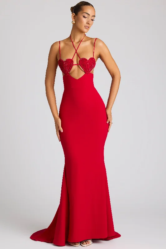 Ball Gown Women Dress with a Full Skirt for a Princess - like LookEmbellished Heart Cup Detail Evening Gown in Fire Red