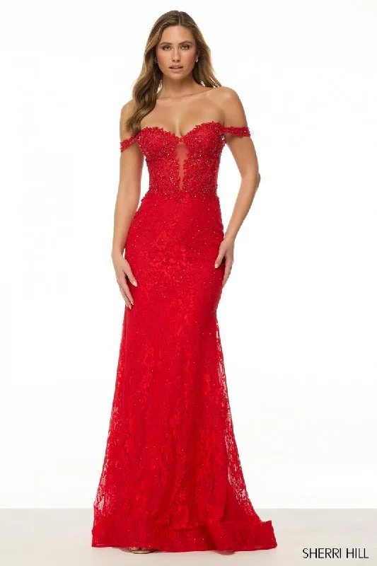 Backless Women Dress for a Sexy and Alluring Look at Evening EventsSherri Hill Off Shoulder Lace Corset Prom Dress 57130