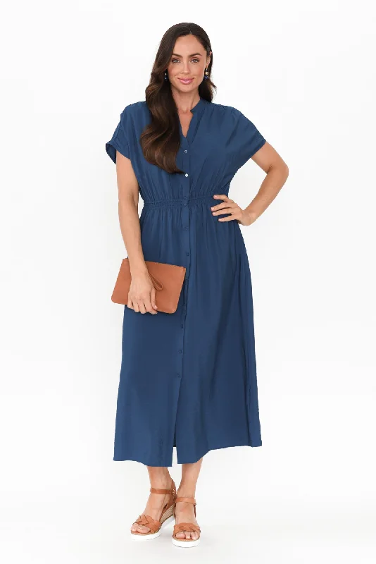 Strapless Women Dress with a Built - in Bra for Comfort and SupportSimone Blue Button Dress