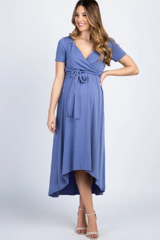 Wrap - Style Women Dress with Adjustable Fit for All Body TypesSlate Blue Solid Hi-Low Maternity Wrap Dress