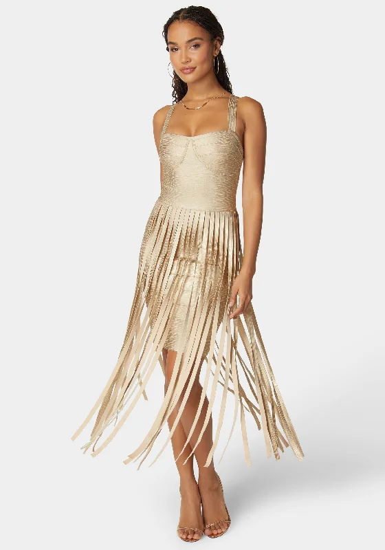 Pleated Women Dress with a Timeless and Elegant TextureSweetheart Bandage Top With Fringe Maxi Skirt Dress