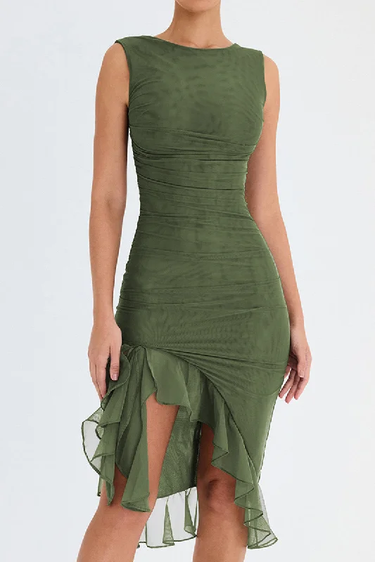 Pleated Women Dress with a Timeless and Elegant TextureWendy Ruffle Ruched Midi Dress