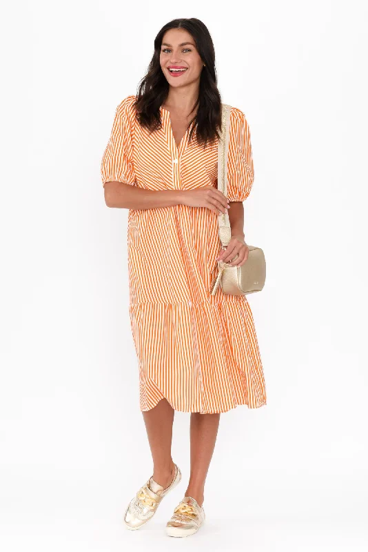 Ruffled Women Dress with Multiple Layers for a Playful and Girly StyleZariah Orange Stripe Cotton Tier Dress