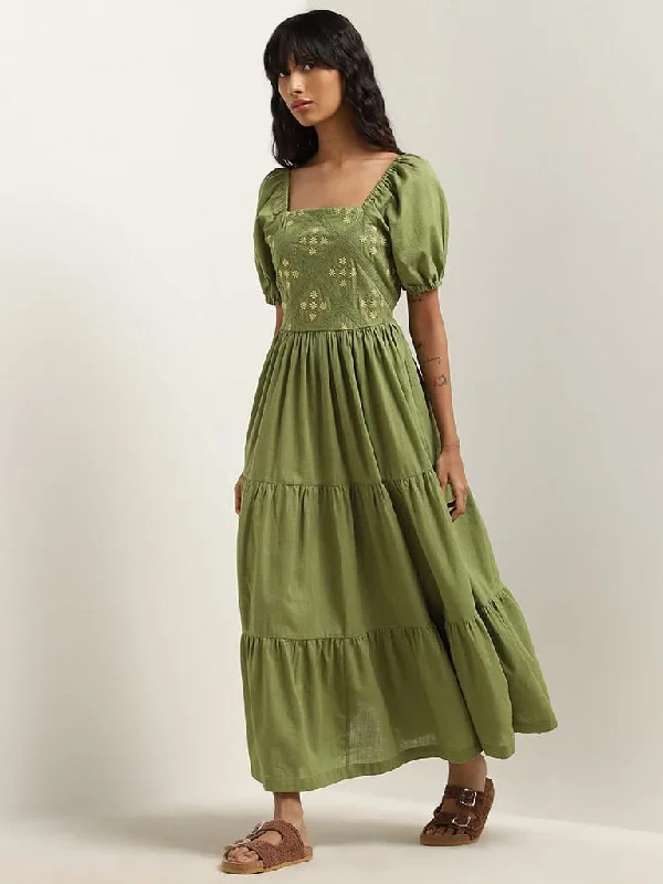 High - Waisted Women Shorts for a Retro and Flattering LookBombay Paisley Olive Floral Embroidered Tiered Cotton Dress