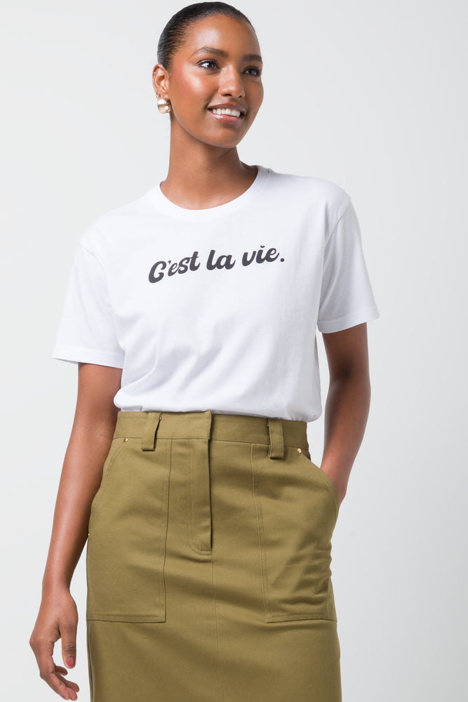 Distressed Women T Shirt with a Laid - Back AestheticC'est La Vie Short Sleeve T-Shirt White