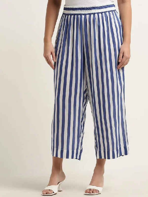 Elastic Waist Women Shorts for Easy Wear and ComfortDiza Blue Stripe Printed Mid-Rise Palazzos