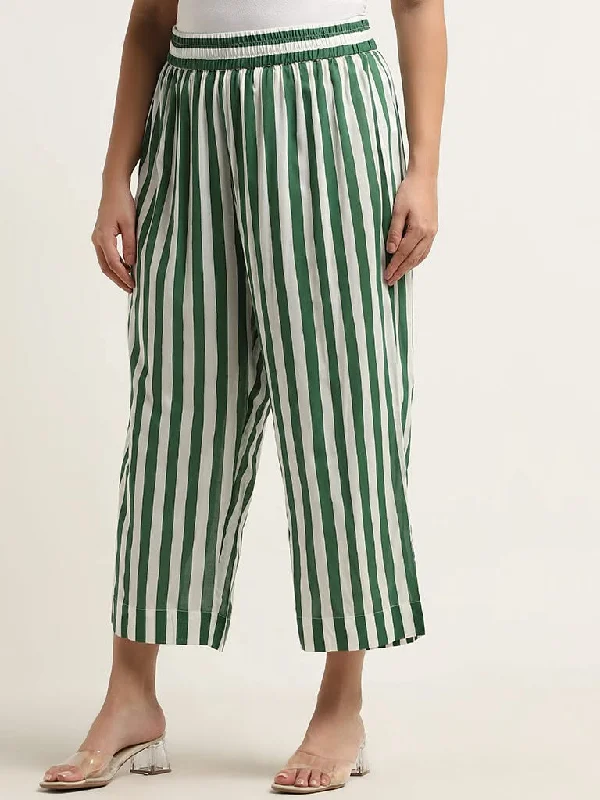 Stretchable Women Shorts for Maximum MobilityDiza Green Stripe Printed Mid-Rise Palazzos