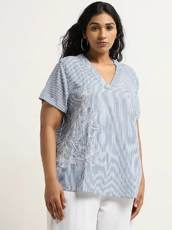 Patterned Geometric Women Shorts for a Modern AppealGia Blue Striped Cotton Blouse