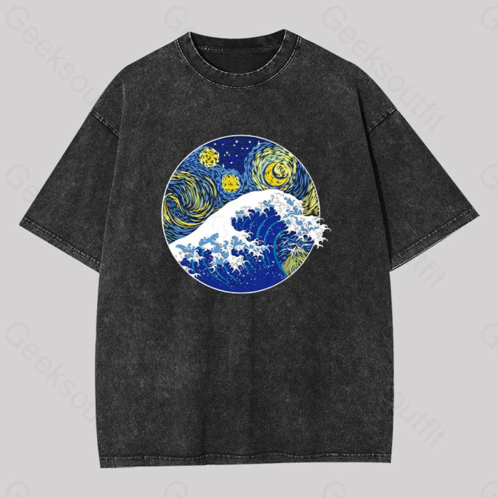 Distressed Women T Shirt with a Laid - Back AestheticGreat Starry Wave Off Kanagawa Washed T-Shirt