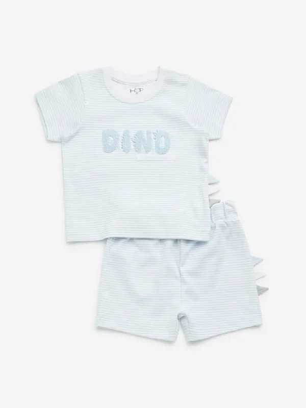 Patterned Geometric Women Shorts for a Modern AppealHOP Baby Blue Striped Cotton T-Shirt & Shorts Set