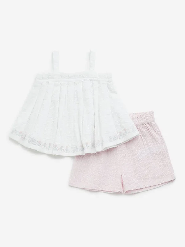 Stretchable Women Shorts for Maximum MobilityHOP Baby White & Pink Seersucker Cotton Top & Shorts Set