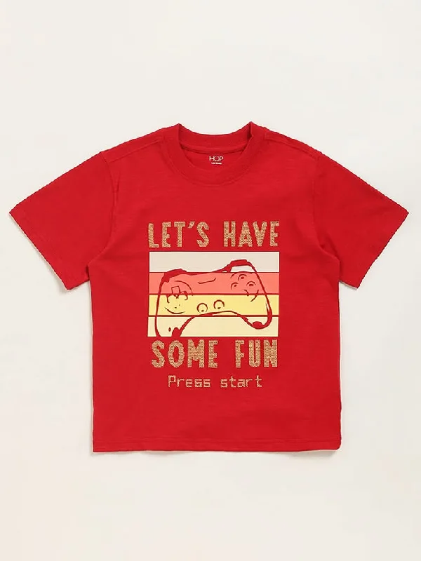 Stretchable Women Shorts for Maximum MobilityHOP Kids Red Text Printed Cotton T-Shirt