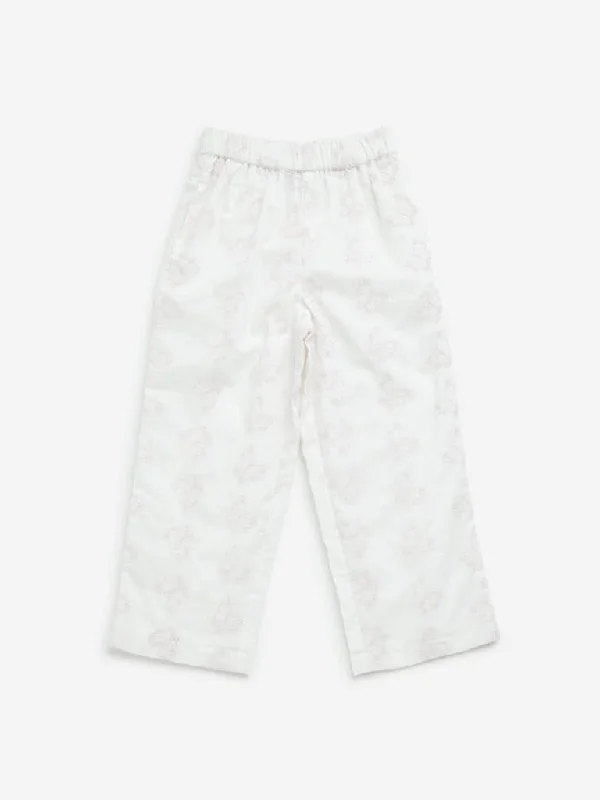 Embroidered Women Shorts with Intricate DesignsHOP Kids White Butterfly Schiffli Mid-Rise Cotton Pants