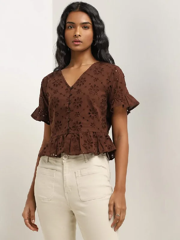 Linen Women Shorts for Breathable Comfort in Hot WeatherLOV Dark Brown Schiffli Design Cotton Top