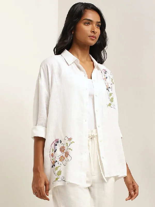 Embroidered Women Shorts with Intricate DesignsLOV White Embroidered Blended Linen Shirt