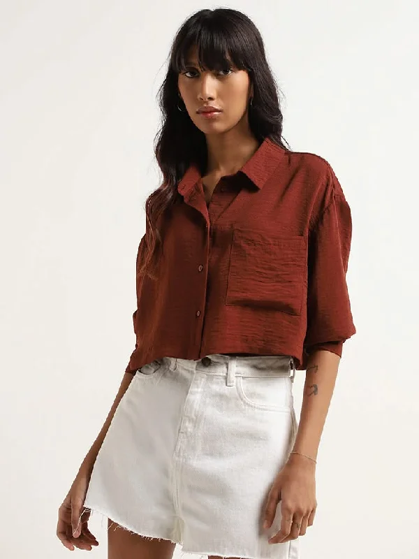 Leather Look Women Shorts for an Edgy and Chic StyleNuon Brown Crinkled Crop Shirt