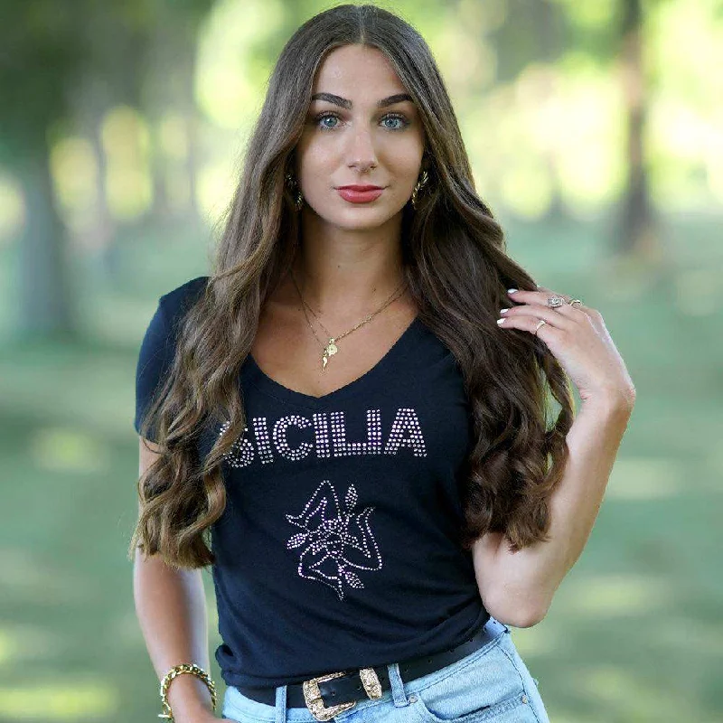 Crew Neck Women T Shirt with a Timeless DesignSicilia Rhinestone Womens V-Neck Tee