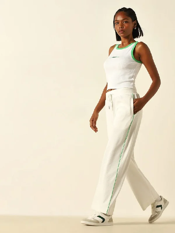 Belted Women Shorts to Enhance the WaistlineStudiofit White Ribbed Mid-Rise Cotton Blend Track Pants