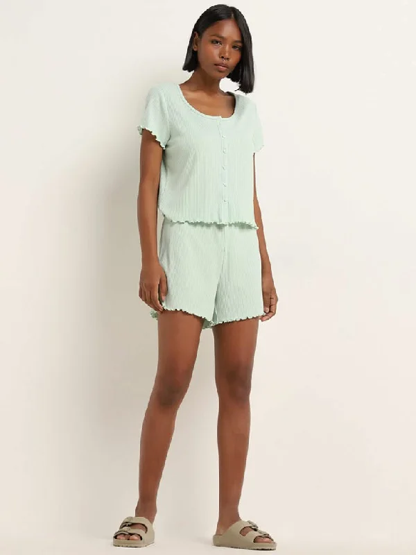 Leather Look Women Shorts for an Edgy and Chic StyleSuperstar Mint Ribbed Textured Mid-Rise Shorts