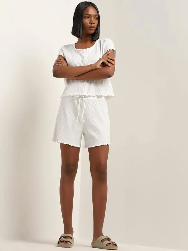 Twill Women Shorts with a Smooth Texture and DurabilitySuperstar White Ribbed High-Rise Shorts