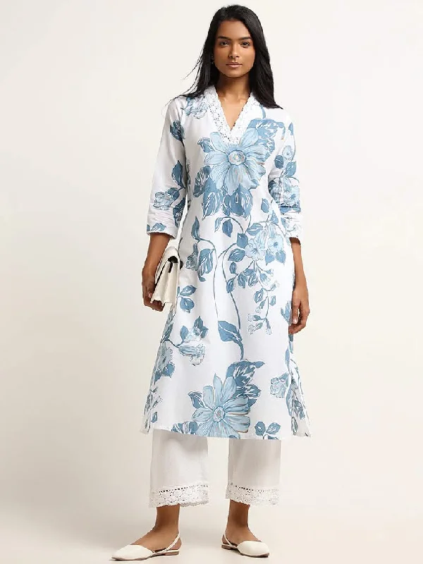 Belted Women Shorts to Enhance the WaistlineUtsa Blue Straight Fit Printed Cotton Kurta