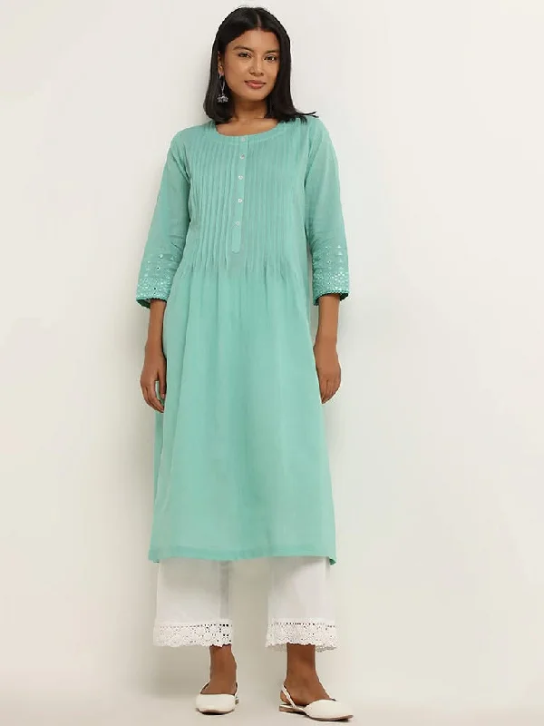 Tie - Waist Women Shorts for a Customizable FitUtsa Turquoise Pintuck Design A-Line Cotton Kurta