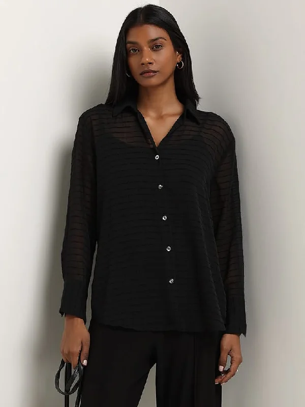 Twill Women Shorts with a Smooth Texture and DurabilityWardrobe Black Striped Sheer Shirt