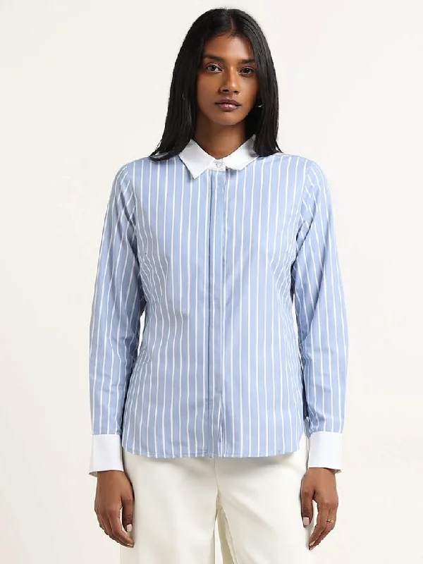 Belted Women Shorts to Enhance the WaistlineWardrobe Blue Striped Design Shirt