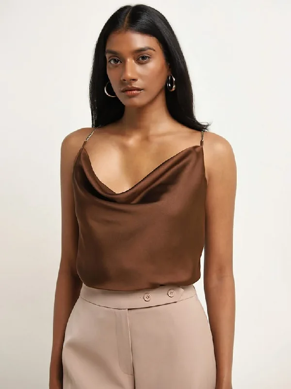 Belted Women Shorts to Enhance the WaistlineWardrobe Dark Brown Cowl Neck Top