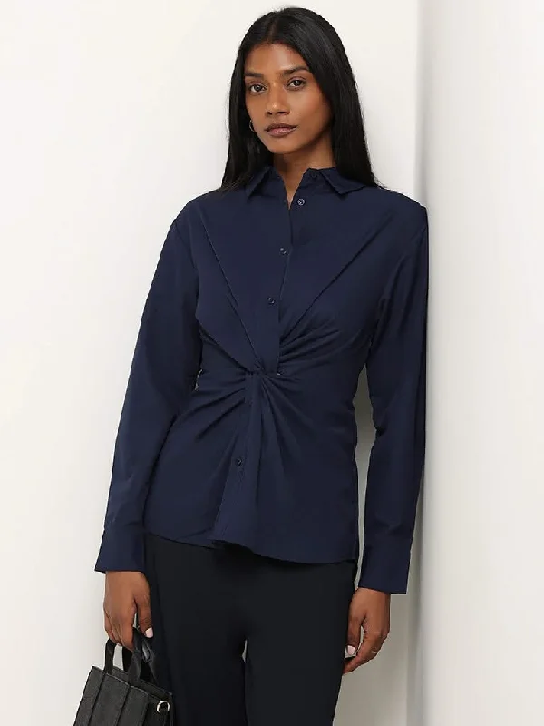 Leather Look Women Shorts for an Edgy and Chic StyleWardrobe Navy Knot-Detailed Shirt