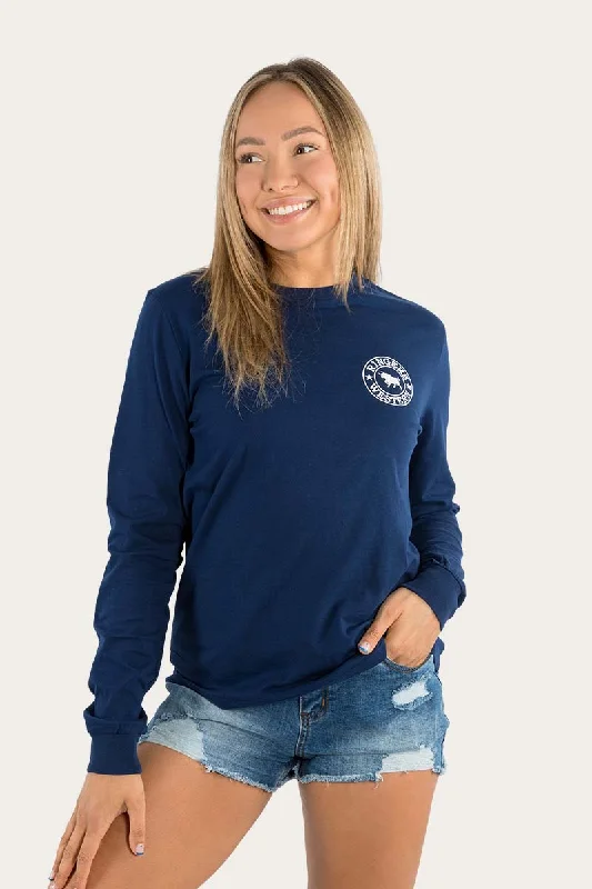 Crew Neck Women T Shirt with a Timeless DesignSignature Bull Womens Loose Fit Long Sleeve T-Shirt - Navy/White