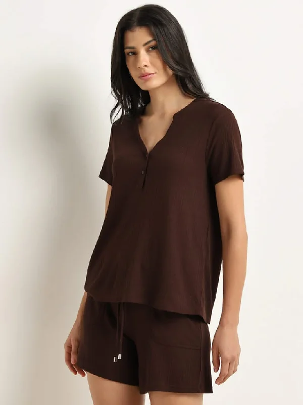 Linen Women Shorts for Breathable Comfort in Hot WeatherWunderlove Dark Brown Ribbed Henley Top