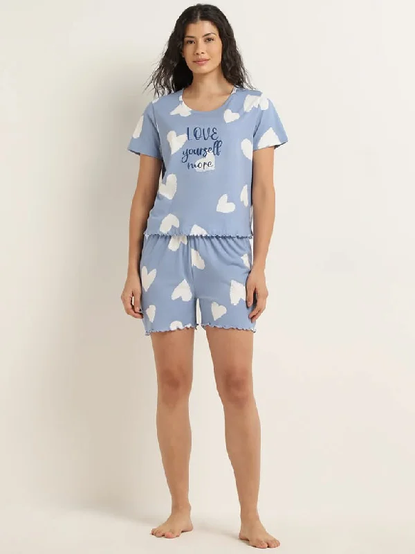 Twill Women Shorts with a Smooth Texture and DurabilityWunderlove Dusty Blue Hearts Print Cotton Shorts Set In A Bag