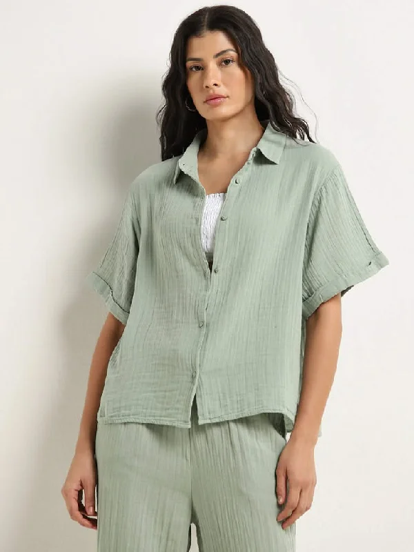 Bermuda Women Shorts for a Classic and Sophisticated LookWunderlove Light Green Crinkle Texture Beach Cotton Shirt