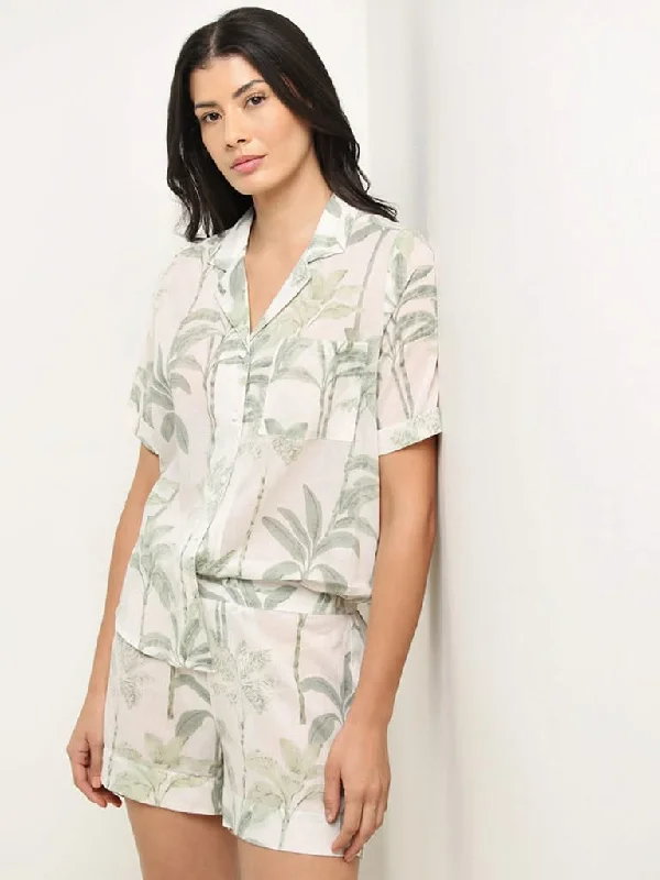 Plus Size Women Shorts with a Comfortable and Stylish FitWunderlove Sage Leaf Printed Cotton Shirt with Mid-Rise Shorts Set