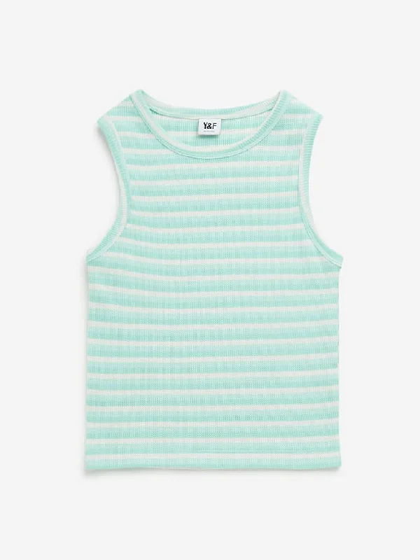 Ruffled Hem Women Shorts to Add a Feminine TouchY&F Kids Mint Striped Ribbed Textured Cotton Top