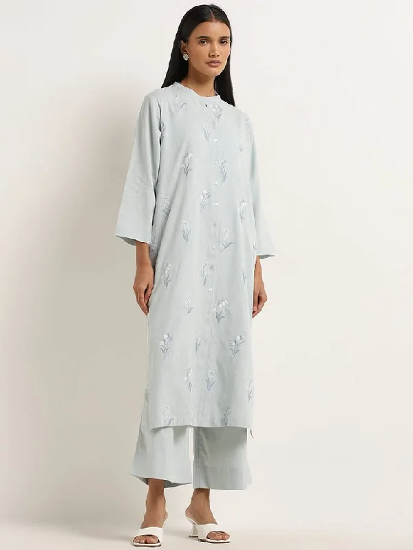 Belted Women Shorts to Enhance the WaistlineZuba Light Blue Floral Embroidered A-Line Cotton Kurta