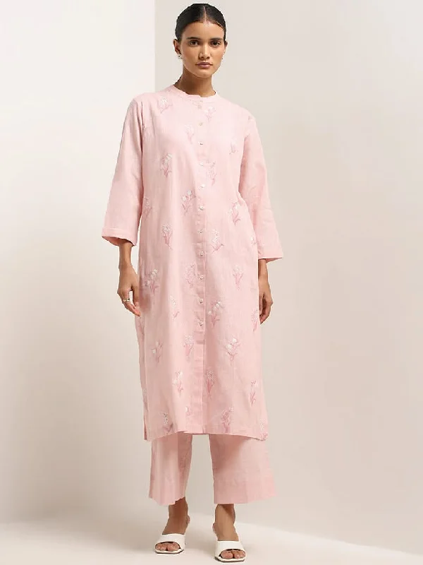 Cuffed Women Shorts for a Laid - Back and Trendy LookZuba Pink Floral Embroidered A-Line Cotton Kurta