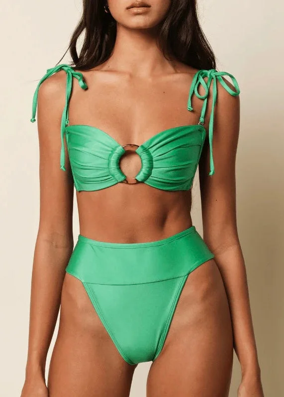 Ruched bikini with fabric gathers for a slimming effectTori Ties Bandeau Bikini Top Emerald Shimmer