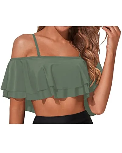 Ruched bikini with fabric gathers for a slimming effectPull-Up Tiered Ruffled Bikini Top Padded Bras-Army Green