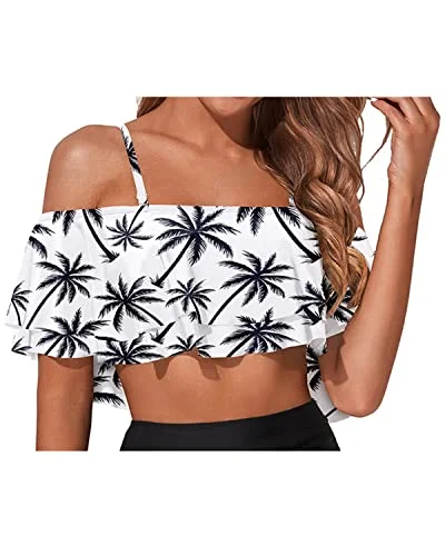 Neon - colored bikini to stand out on the beachOff Shoulder Flounce Bikini Top Adjustable Bra-Black Palm Tree