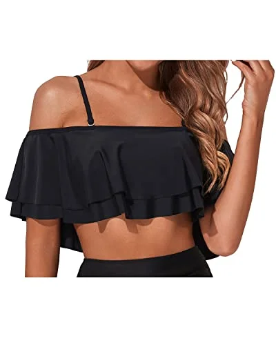 High - waisted bikini for a retro and tummy - flattering lookWomen's Ruffle Bikini Top Removable Shoulder Straps-Black