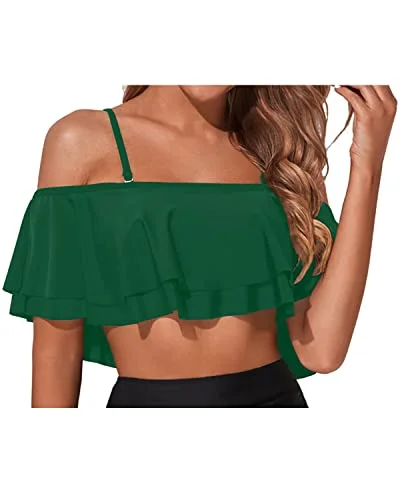 Maternity bikini for expecting mothers to enjoy the beach comfortablyElegant Removable Shoulder Straps Off Shoulder Swim Top-Emerald Green